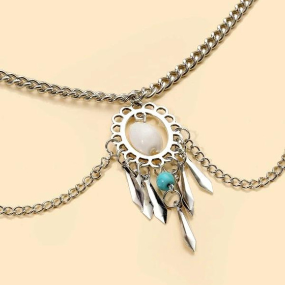 Anklet Tribal Indian Ankle Bracelet Feathers Turquios Silver Boho Foot Necklace - Picture 3 of 8